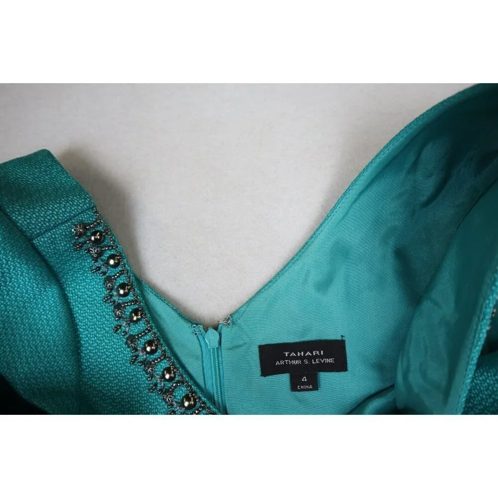 TAHARI - WOMEN'S TEAL GREEN SHEATH DRESS - BEADED NECKLINE - SIZE 4 - Picture 10 of 14